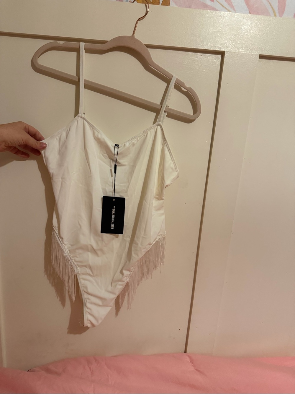 PrettyLittleThing White Fringe Trim one piece swimsuit
